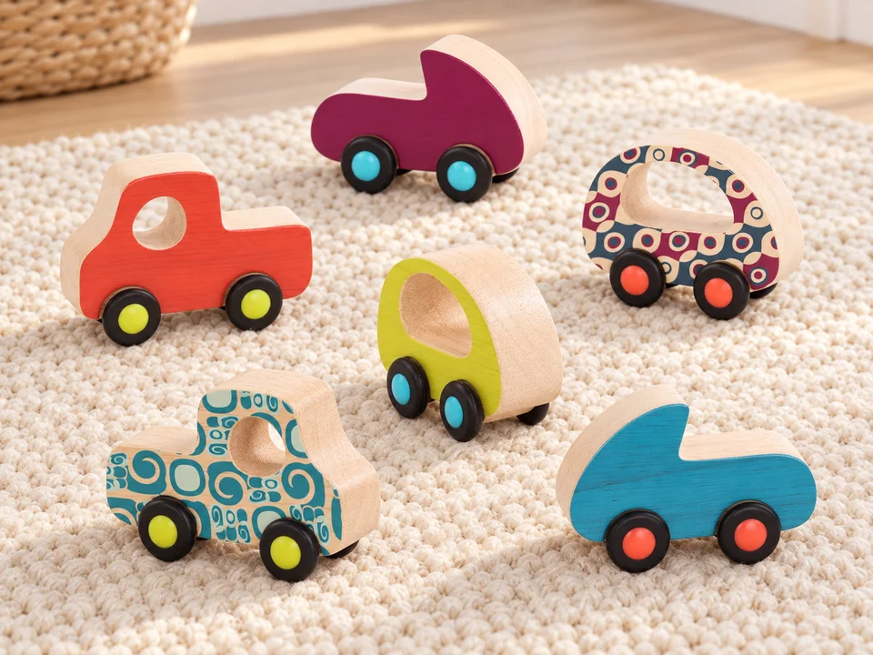 B. toys Free Wheee-Lees, six mini véhicules en bois, mise en scène illustrée