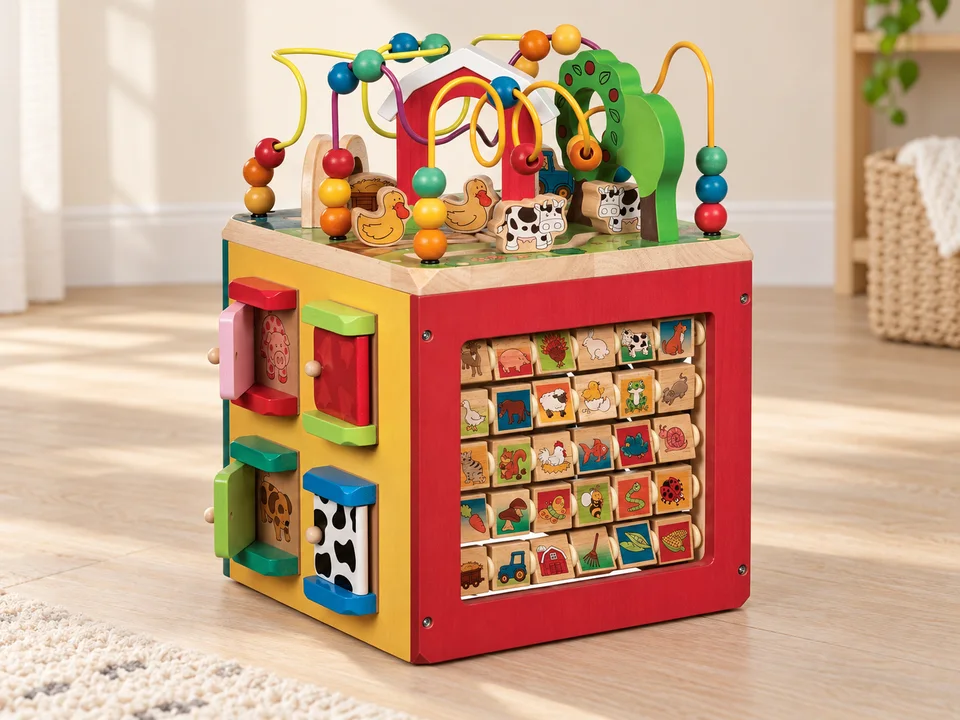 Battat Cube d’activités Ferme en bois BT4599C1Z, mise en scène illustrée