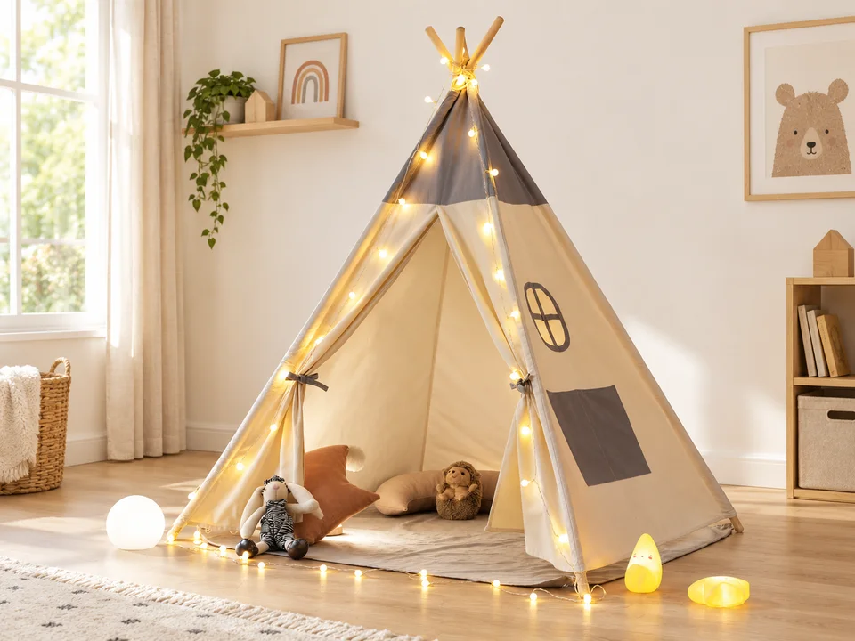 Tipi enfant gris avec tapis, lumières et fixateur, mise en scène illustrée