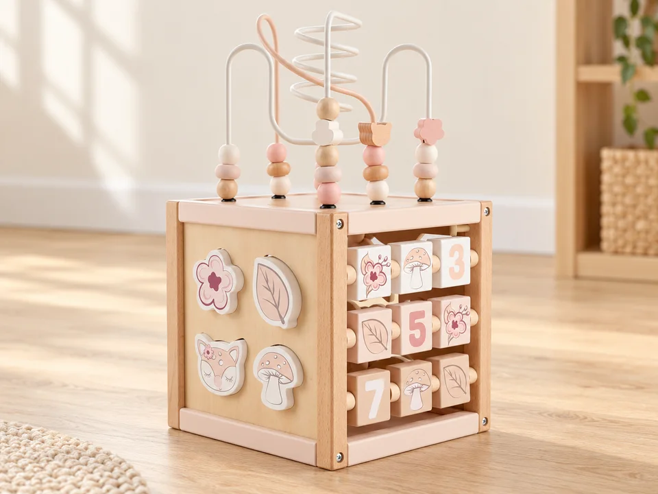 Bieco Cube de motricité en bois Ella 20 x 20 x 40 cm, mise en scène illustrée