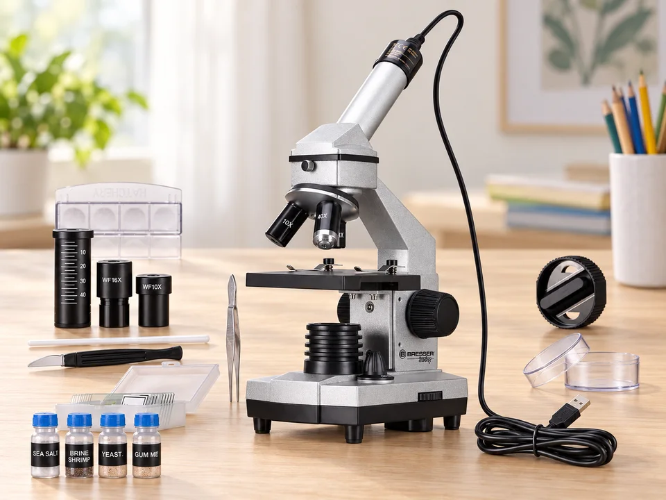 Junior Microscope 40x-1024x avec caméra oculaire HD — 8855001, sans valise, mise en scène illustrée