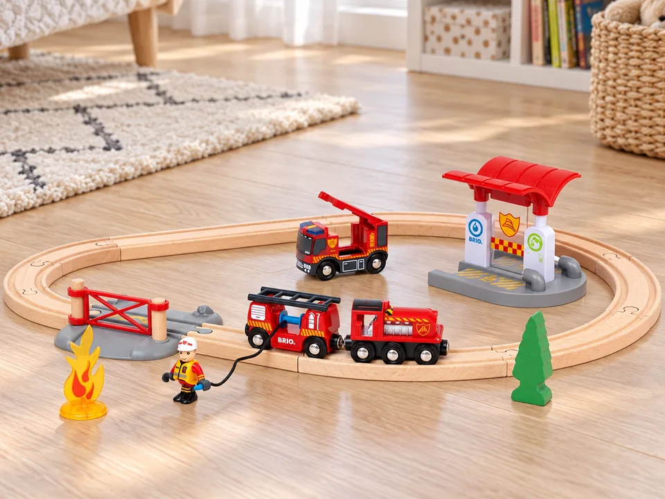 BRIO World 33815 Circuit Action Pompier, 18 pièces, mise en scène illustrée