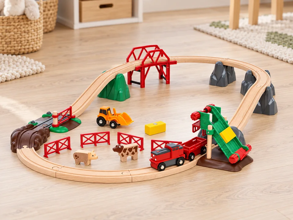 BRIO World 33984 Circuit de la ferme et locomotive à pile, 30 pièces, mise en scène illustrée