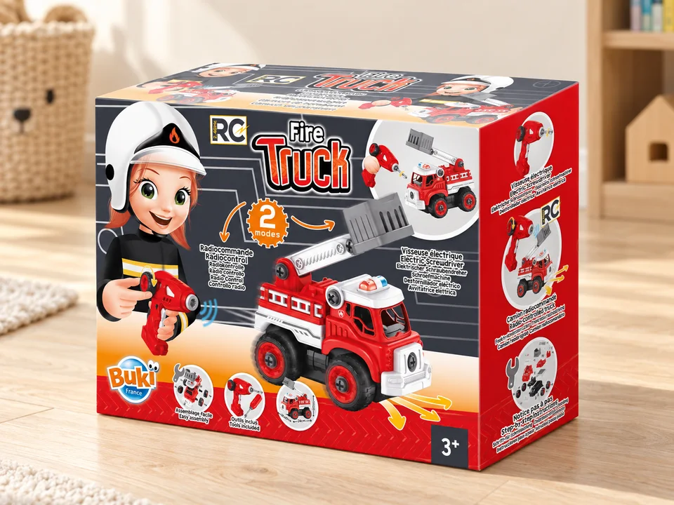Buki 9022 Camion de pompier à assembler et télécommander, mise en scène illustrée