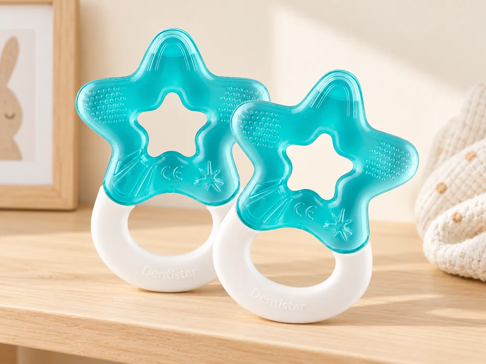 Dentistar, lot de deux anneaux de dentition rafraîchissants, turquoise, mise en scène illustrée
