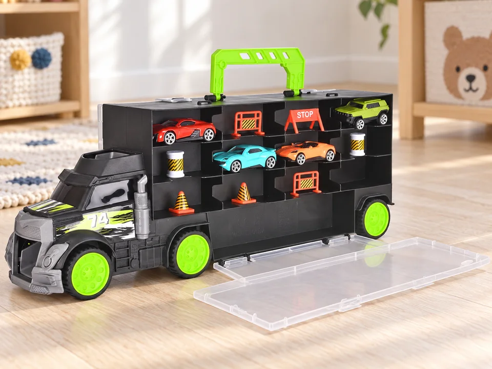 Dickie Toys Carry & Store Transporter 203747007, 4 voitures, mise en scène illustrée