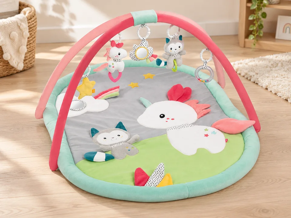Fehn Tapis d’éveil 3D Peru avec arche et 5 jouets amovibles, mise en scène illustrée