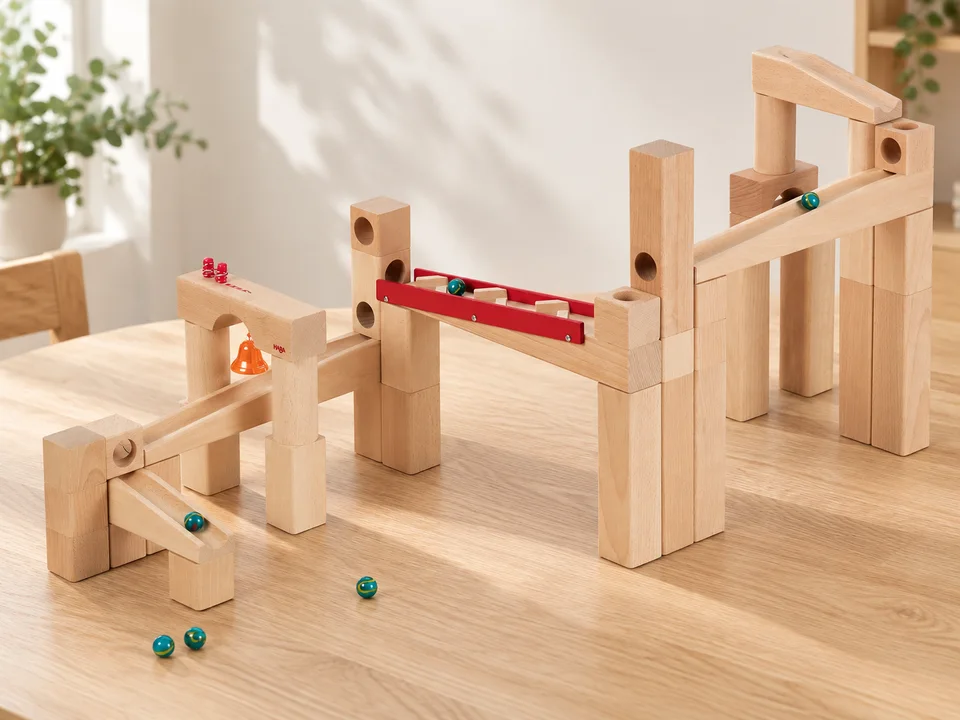Circuit à billes en hêtre, 42 pièces, référence 1001136001, mise en scène illustrée