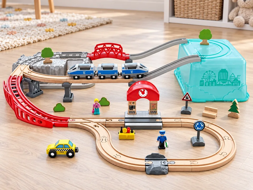 Hape Circuit train urbain avec grue et seau, 48 pièces, mise en scène illustrée