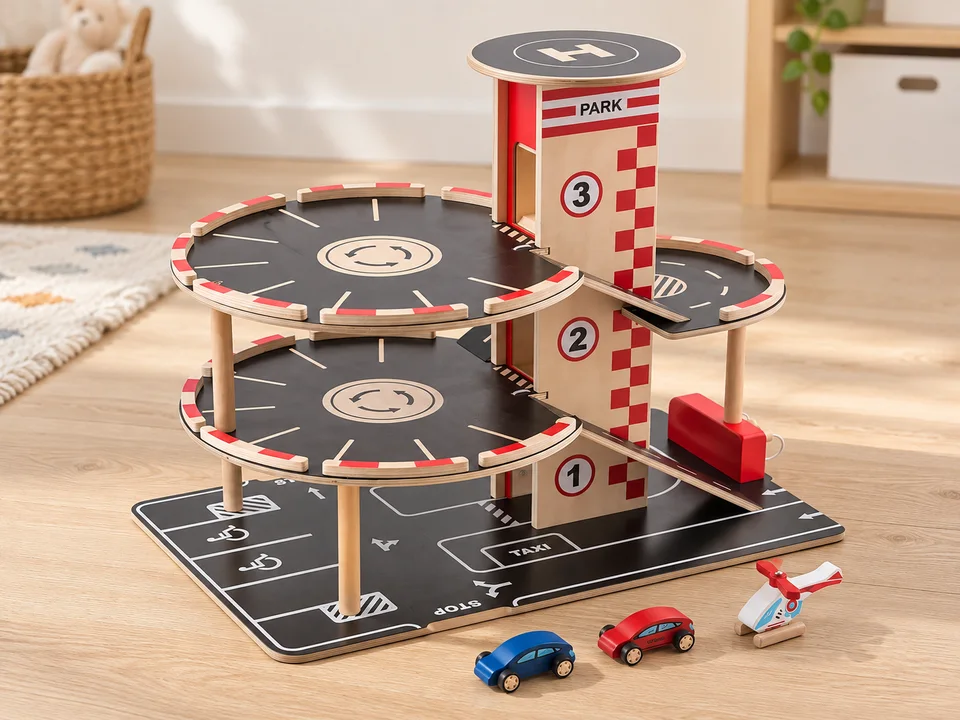 Hape Garage en bois à quatre niveaux, mise en scène illustrée