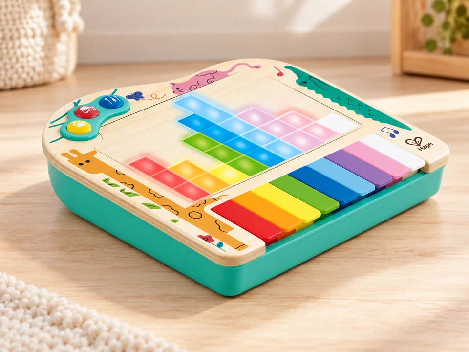 Hape Piano Pixel interactif en bois, mise en scène illustrée