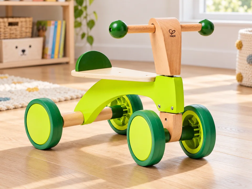 Hape Scoot Around, porteur en bois à quatre roues, mise en scène illustrée