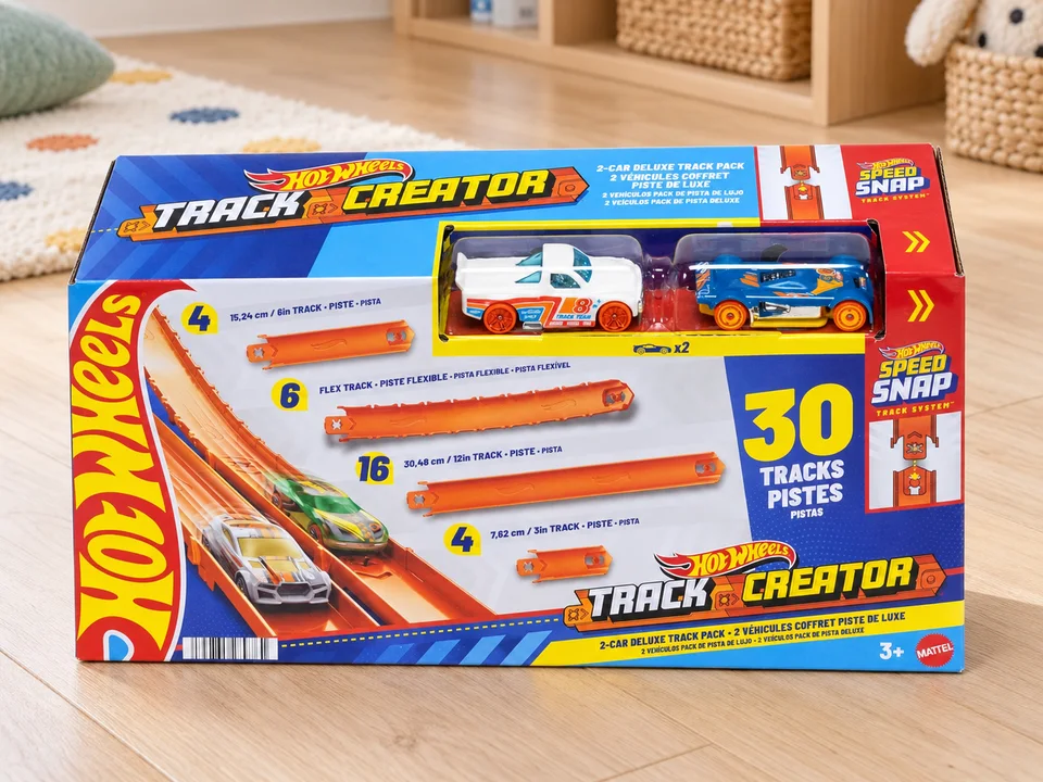 Hot Wheels Coffret Piste Deluxe Track Creator JDW42, mise en scène illustrée