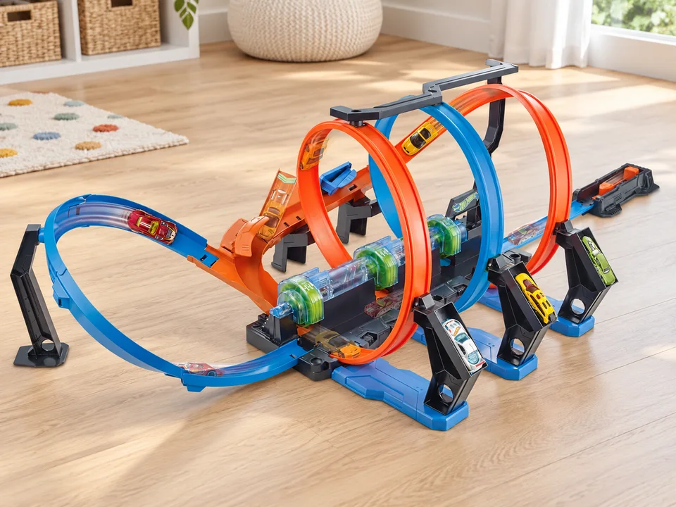 Hot Wheels Looping Infernal Corkscrew Crash FTB65, mise en scène illustrée