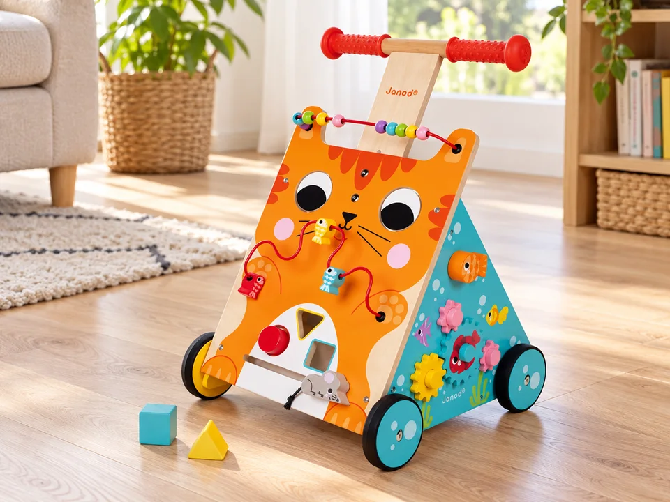 Janod Chariot multi-activités Chat J08005, mise en scène illustrée