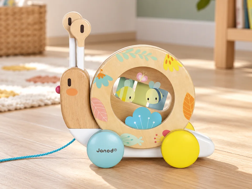 Escargot à promener Pure J05159, avec xylophone et tambourin, mise en scène illustrée