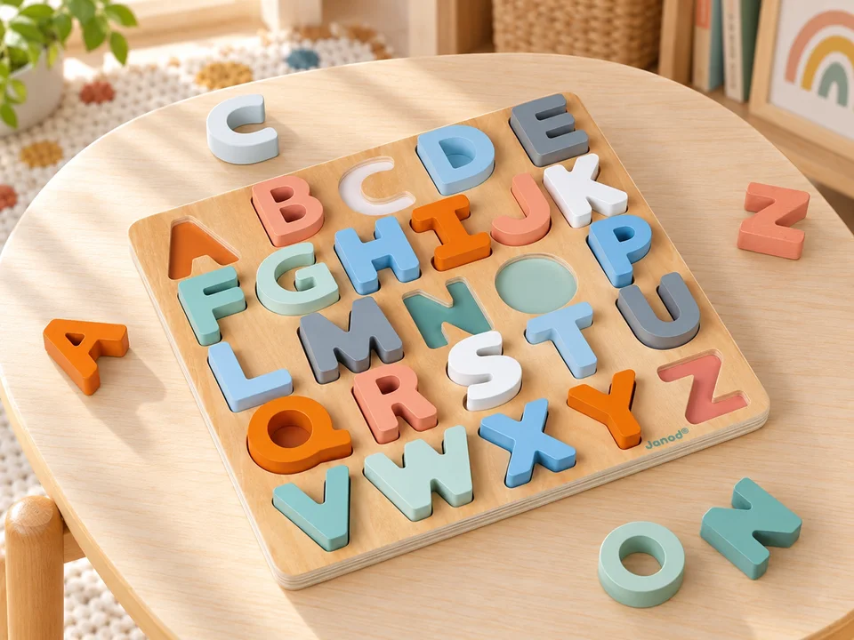 Janod Puzzle Alphabet Sweet Cocoon J04412, mise en scène illustrée