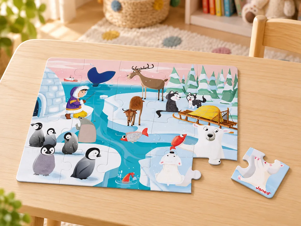 Janod Puzzle tactile La Vie sur la Banquise J02773, mise en scène illustrée
