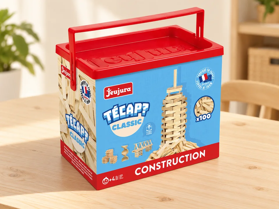 Técap Classic, baril de 100 planchettes en bois, ancienne version, mise en scène illustrée