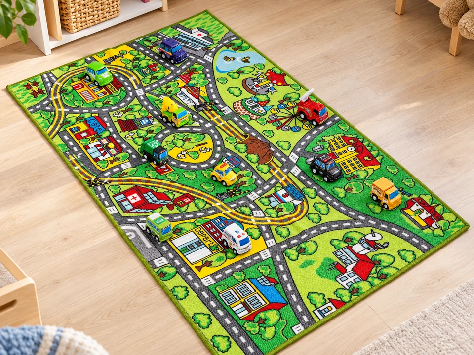 Tapis circuit 80 x 150 cm et 12 véhicules à rétrofriction, mise en scène illustrée