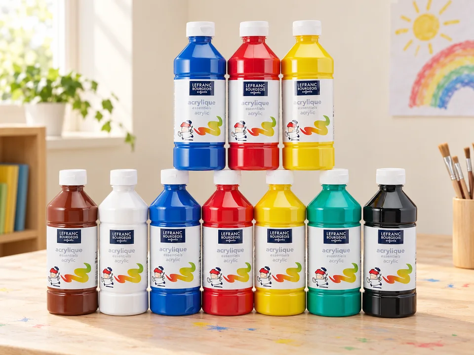 Acrylique liquide Essentiel enfants, assortiment 10 × 500 ml, 188538, mise en scène illustrée