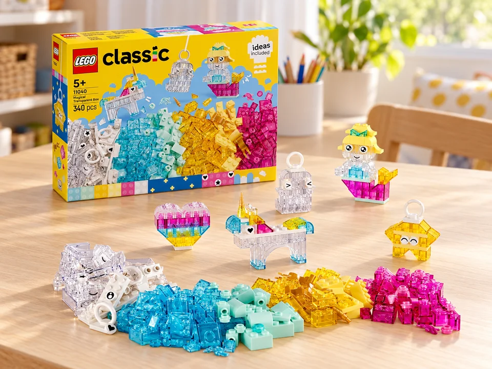 LEGO Classic 11040 La boîte de briques transparentes magiques, mise en scène illustrée