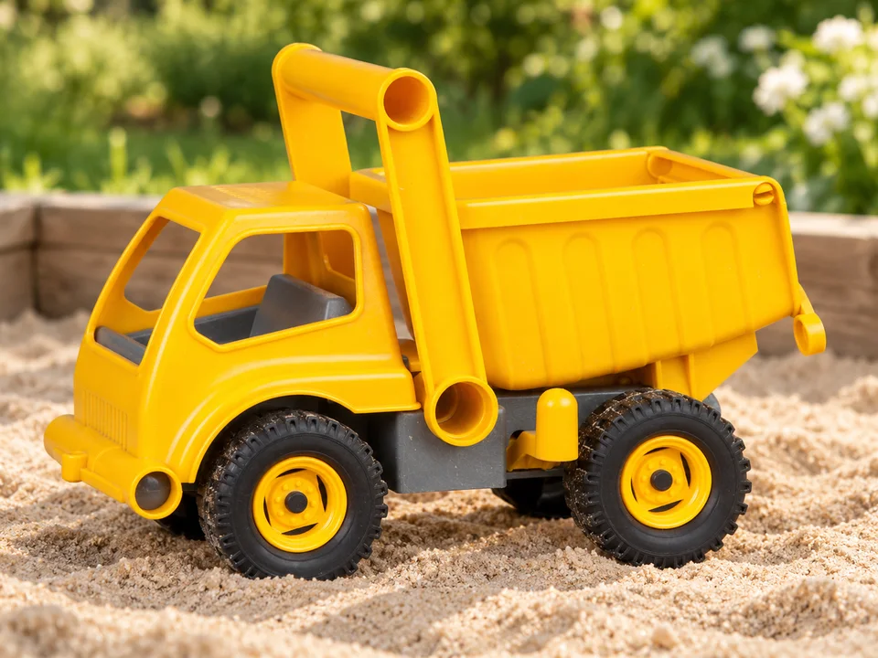 Camion benne LENA EcoActives jaune dans le sable, mise en scène illustrée