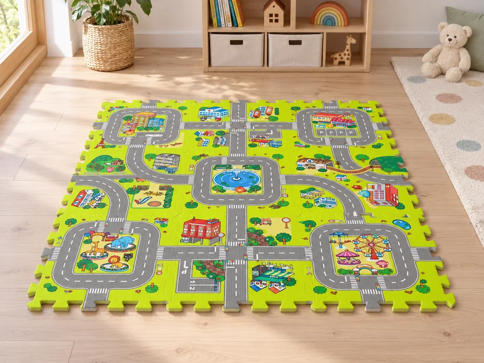 Tapis puzzle circuit Rue 9 pièces 17261, mise en scène illustrée