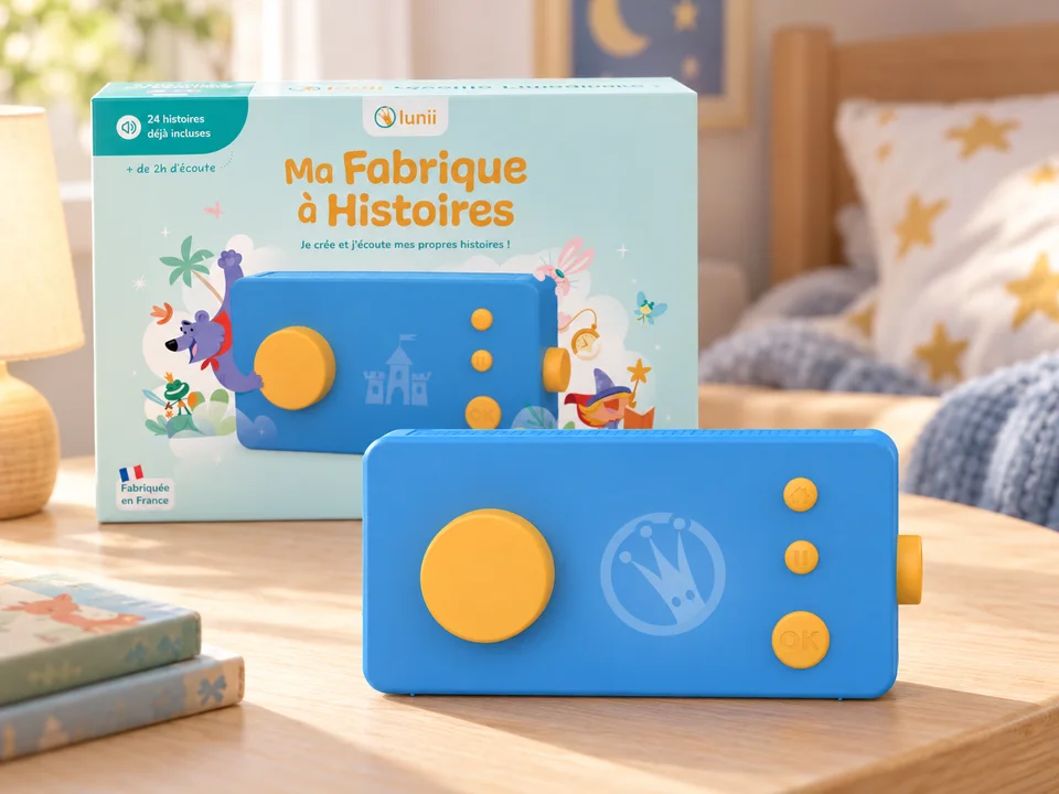 Ma Fabrique à Histoires, modèle standard bleu, mise en scène illustrée