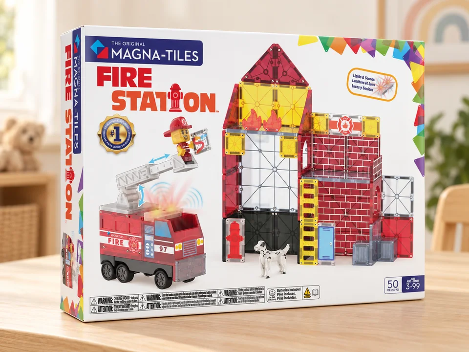 Fire Station, caserne de pompiers magnétique, 50 pièces, mise en scène illustrée