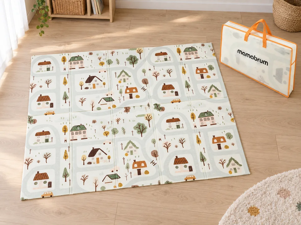 Tapis pliable réversible Ville et motif géométrique 180 x 120 cm, mise en scène illustrée