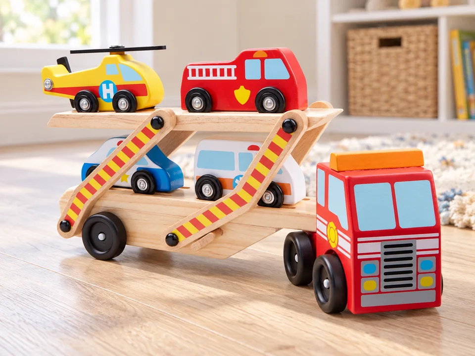 Melissa & Doug Camion transporteur de véhicules d’urgence, 6 pièces, mise en scène illustrée