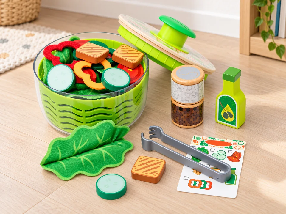 Coffret essoreuse à salade, 28 pièces, mise en scène illustrée