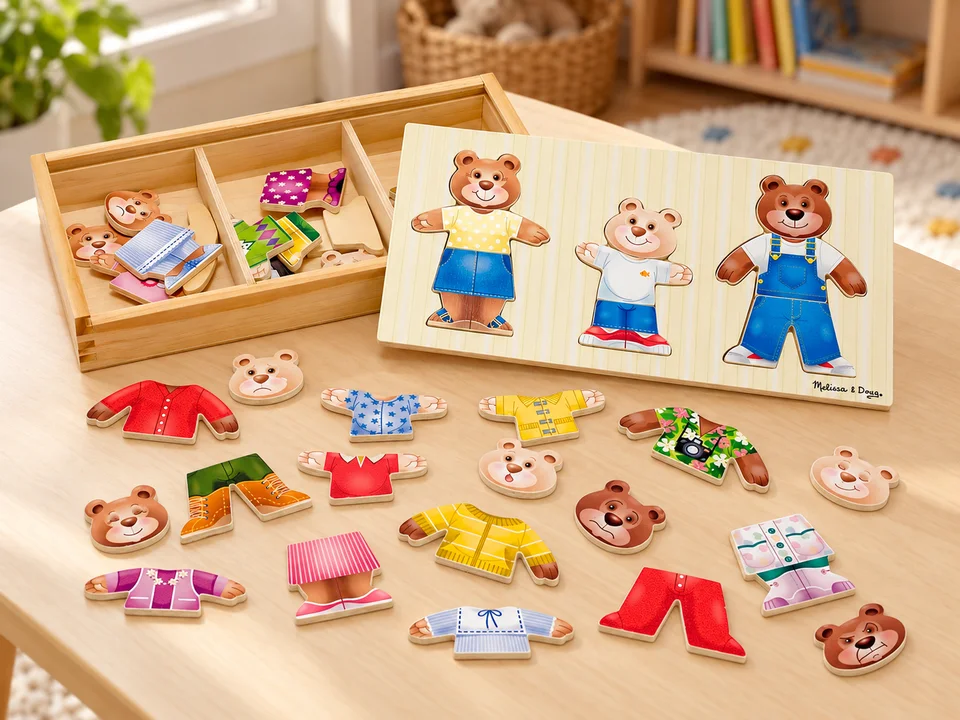 Melissa & Doug Puzzle Famille Ours à habiller, 45 pièces, mise en scène illustrée