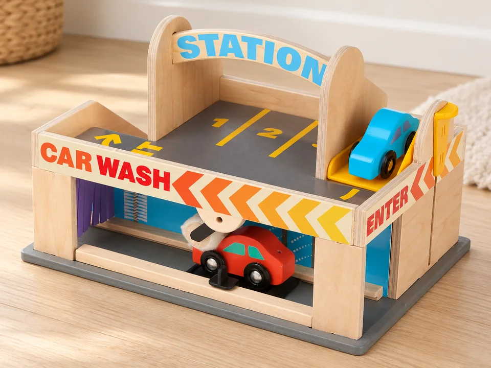 Melissa & Doug Station-service en bois à deux niveaux, mise en scène illustrée