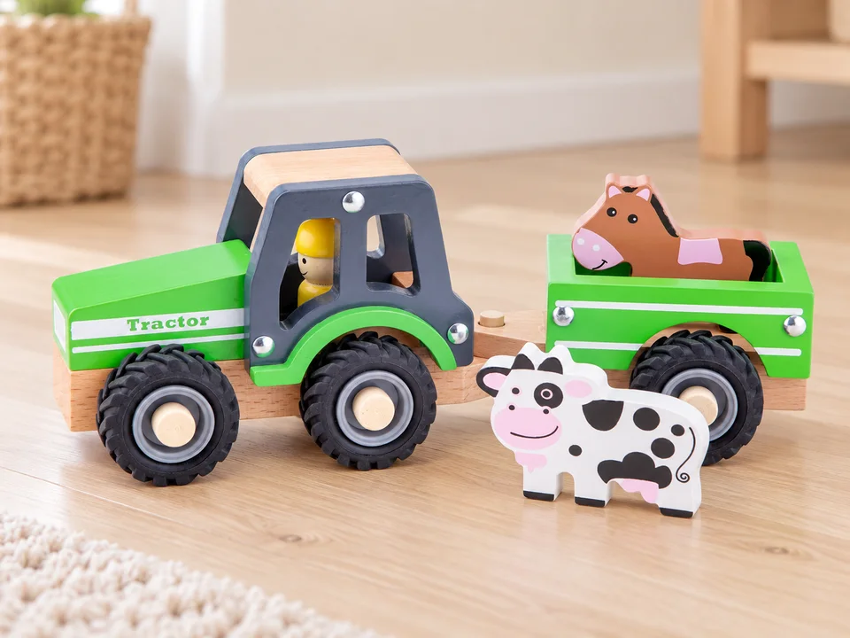 New Classic Toys / Woet 11941 Tracteur en bois avec remorque et animaux, mise en scène illustrée