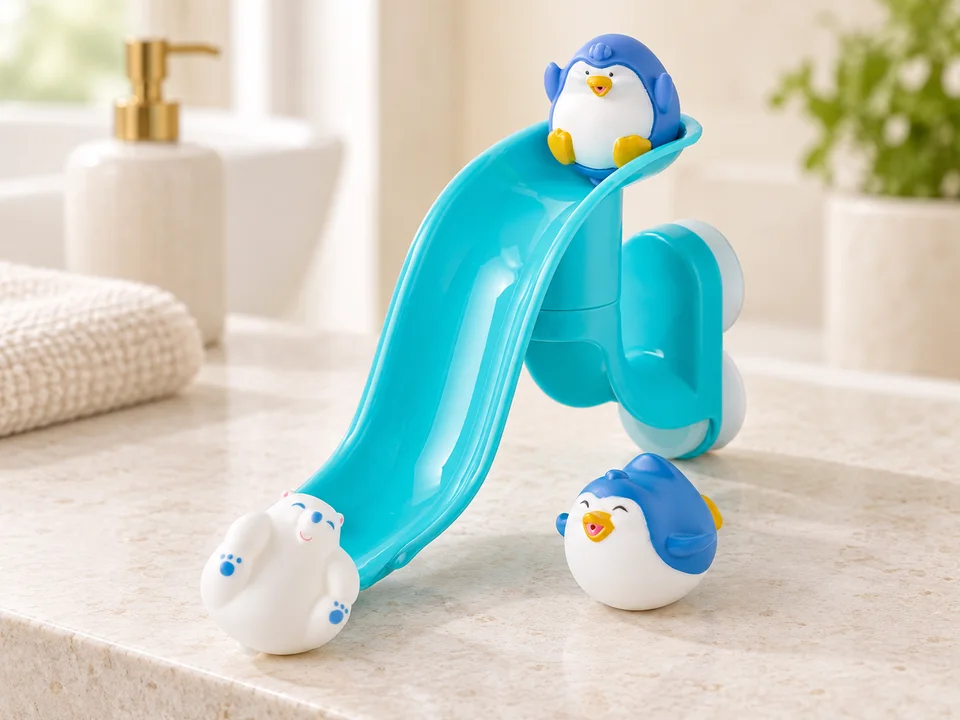 Nuby Splash 'N Slide, toboggan pingouin, mise en scène illustrée