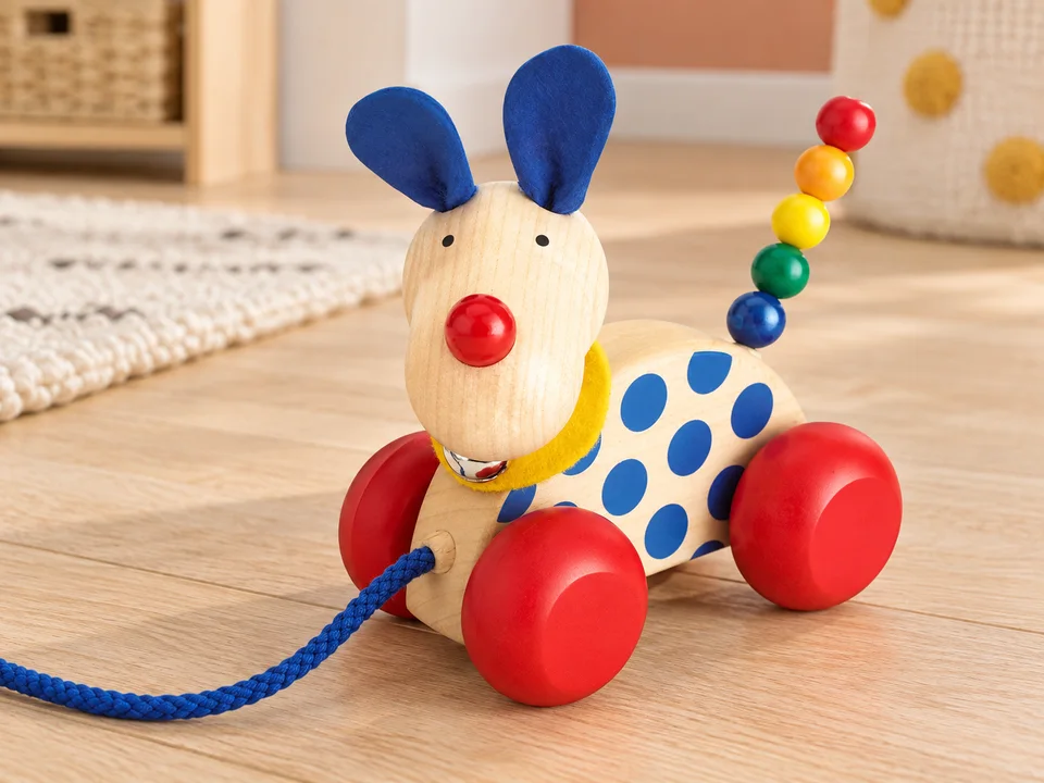 Chien Nico à tirer en bois 62026, 12 cm, mise en scène illustrée