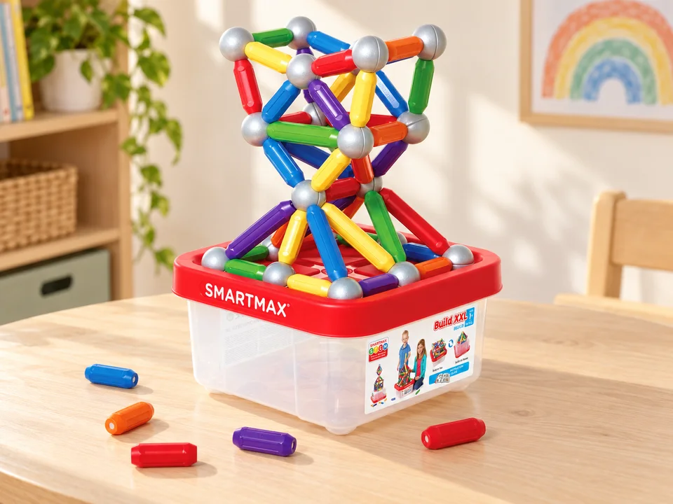 Build XXL, 70 éléments avec bac de rangement, mise en scène illustrée