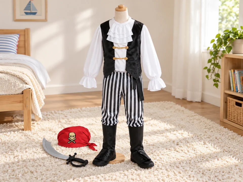 Déguisement pirate noir et blanc, taille M 7–9 ans, référence 25761M, mise en scène illustrée