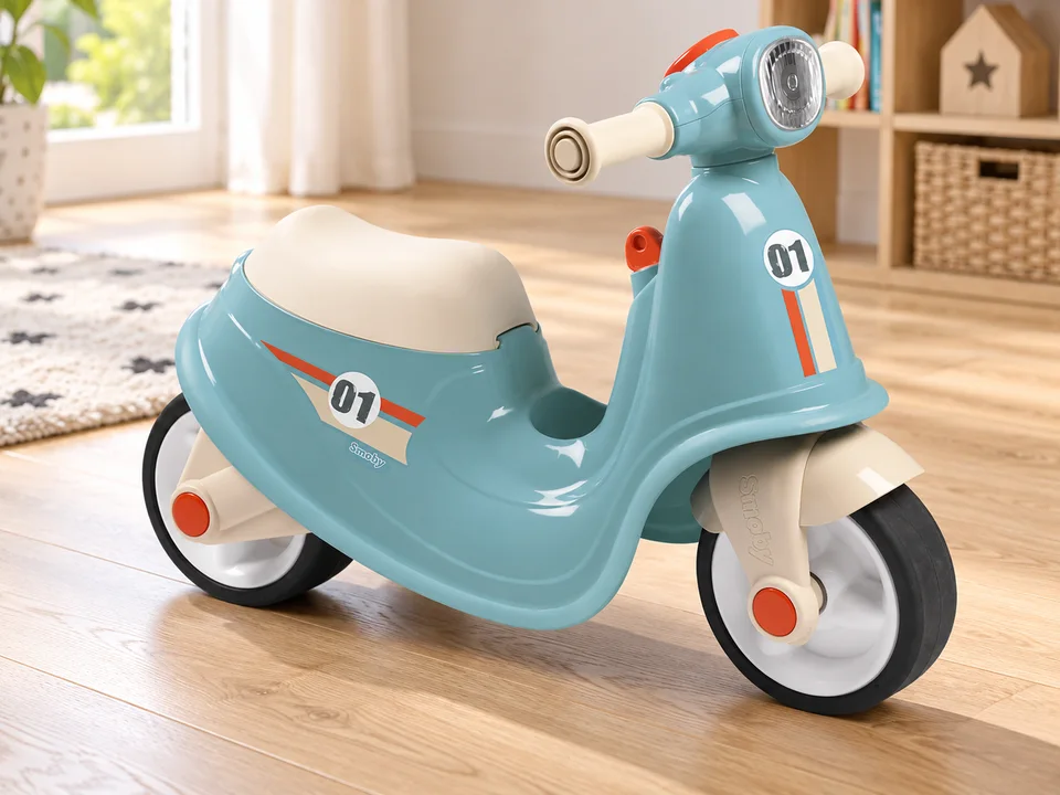 Smoby Porteur Scooter bleu, mise en scène illustrée