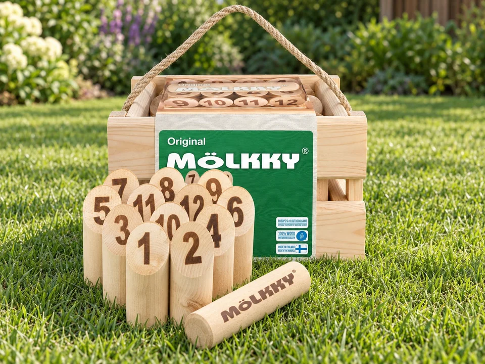 Mölkky Original en caisse bois 40268, mise en scène illustrée