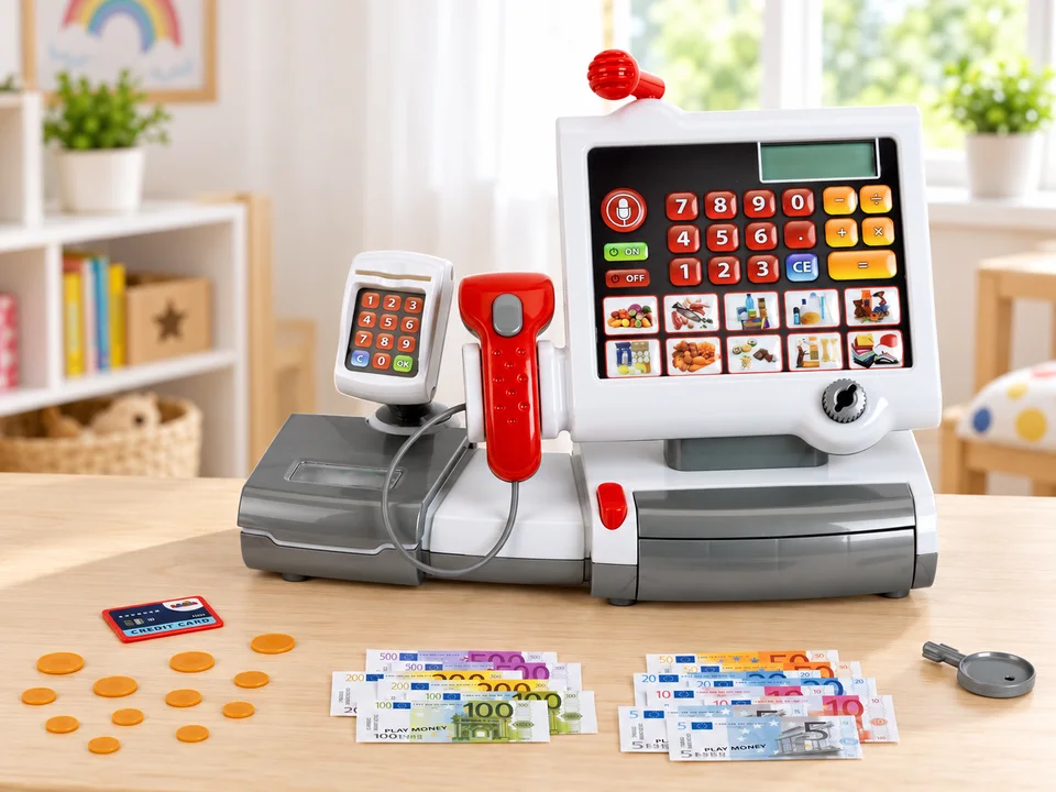 Caisse enregistreuse électronique tactile avec scanner et balance, référence 9356, mise en scène illustrée