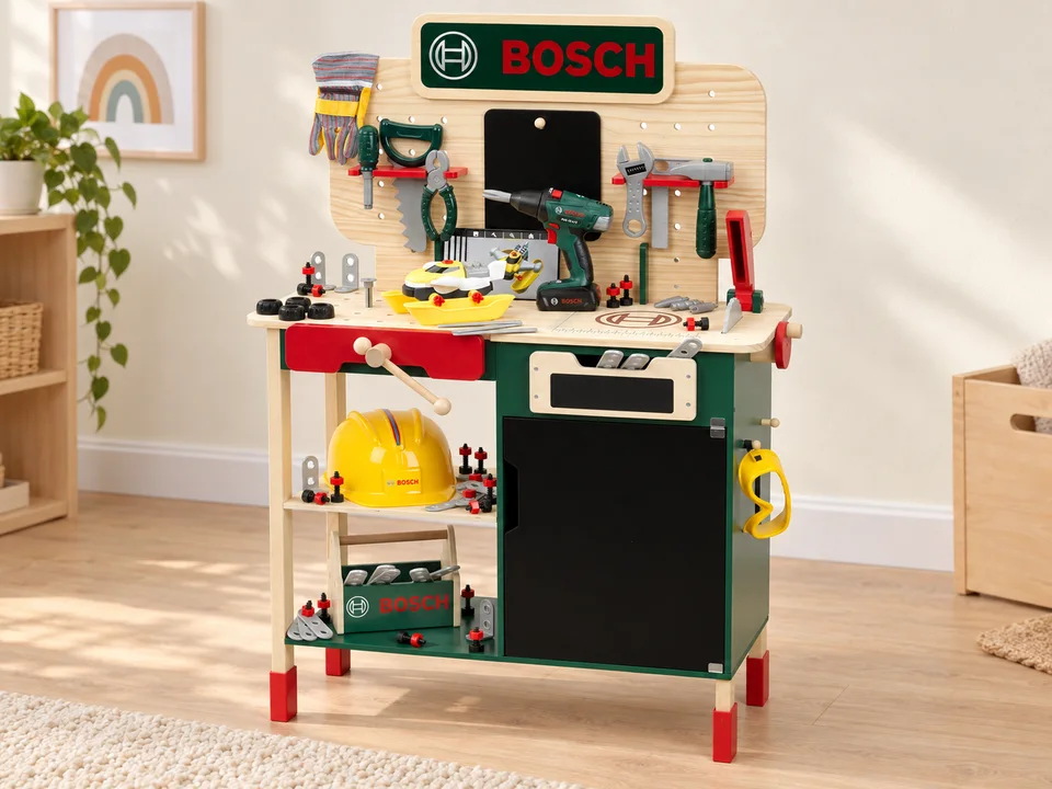 Établi Bosch en bois MDF avec outils, référence 8734, mise en scène illustrée