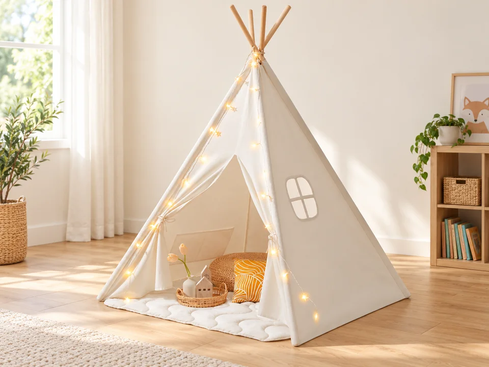Tipi enfant avec tapis et guirlande lumineuse, mise en scène illustrée