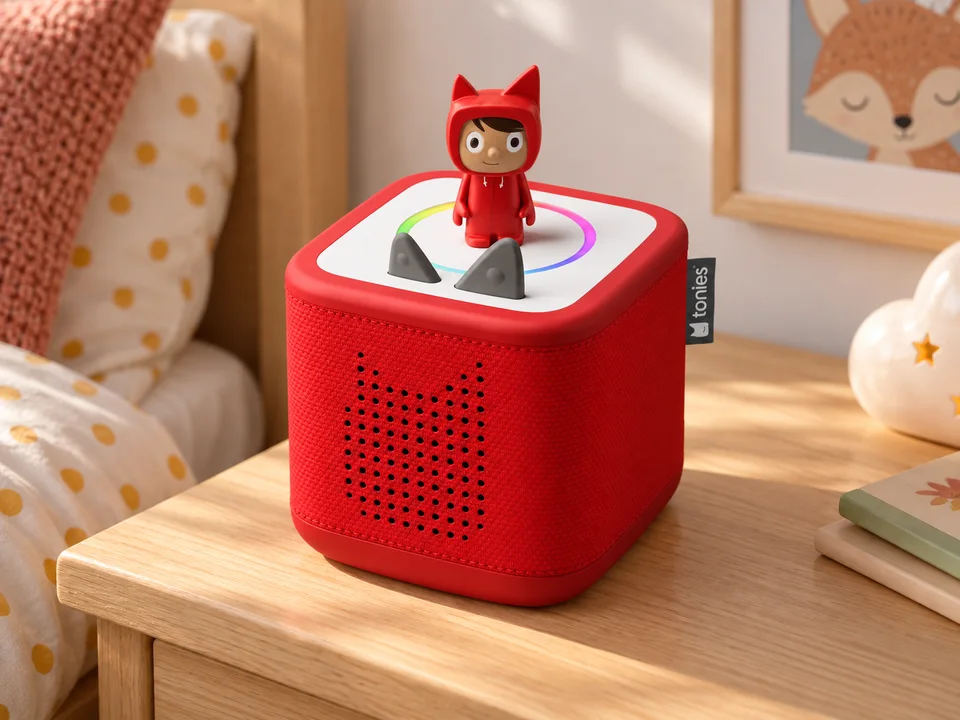 Toniebox 2 rouge coquelicot avec Tonie Créatif Rubie, mise en scène illustrée