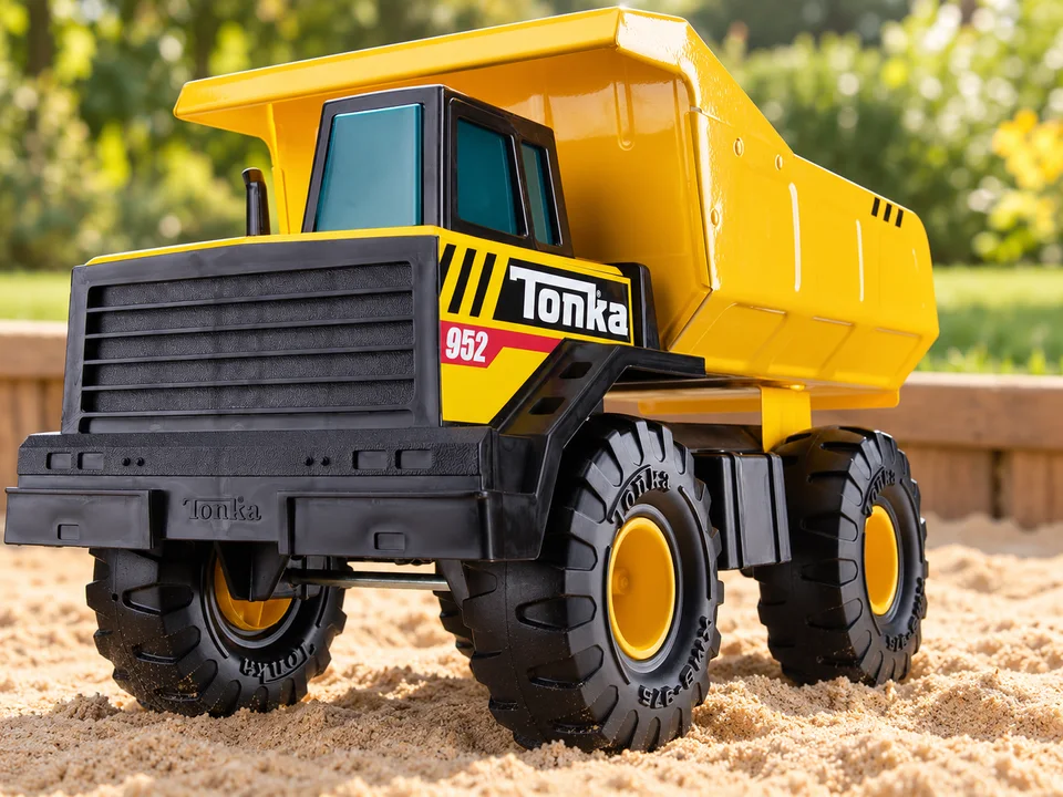 Camion benne Tonka jaune et noir dans un bac à sable, mise en scène illustrée