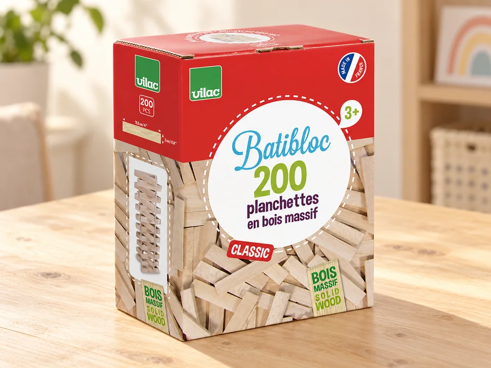 Batibloc Classic, 200 planchettes en bois, référence 2134, mise en scène illustrée