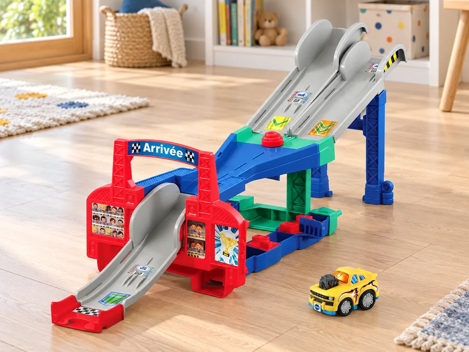 VTech Tut Tut Bolides Super circuit multi-cascades Jump & Go 4 en 1, mise en scène illustrée
