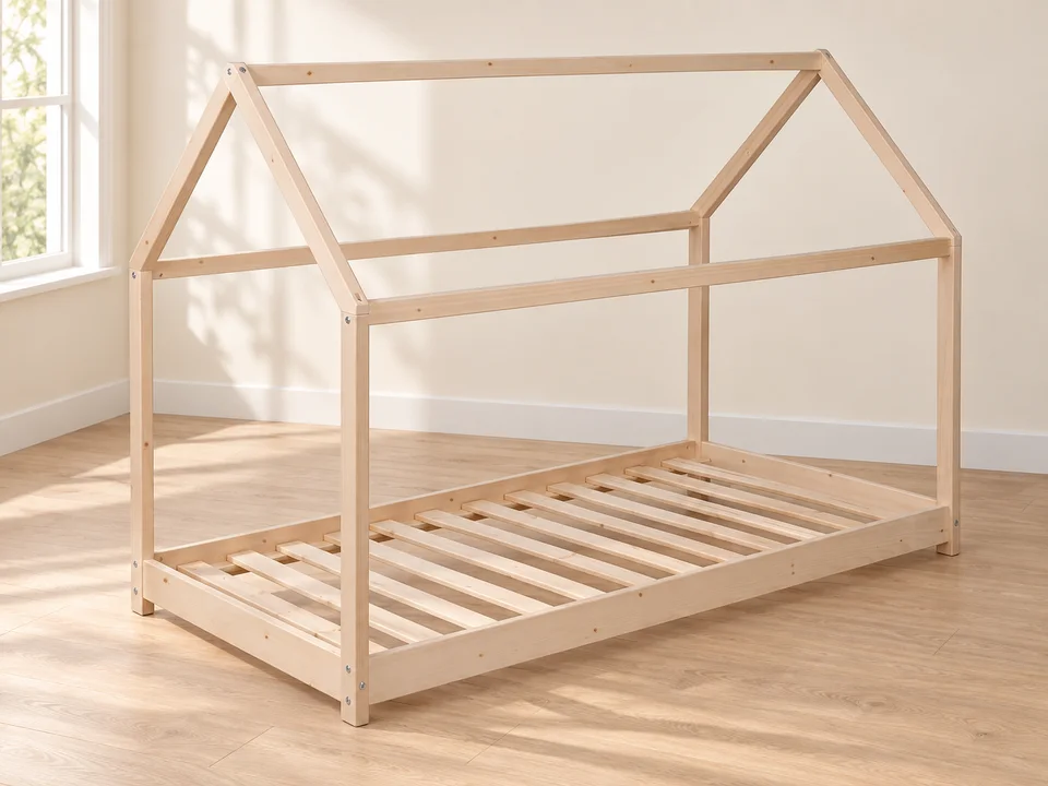 Lit cabane Panda 13151, bois brut, 90 x 190 cm, mise en scène illustrée